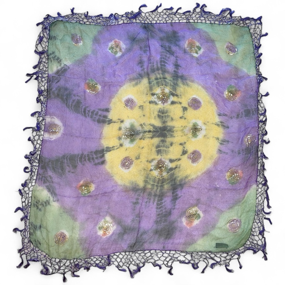 Jacaranda Purple Green and Yellow Tie Dye Sheer Scarf with Gold Accents - Picture 2 of 4